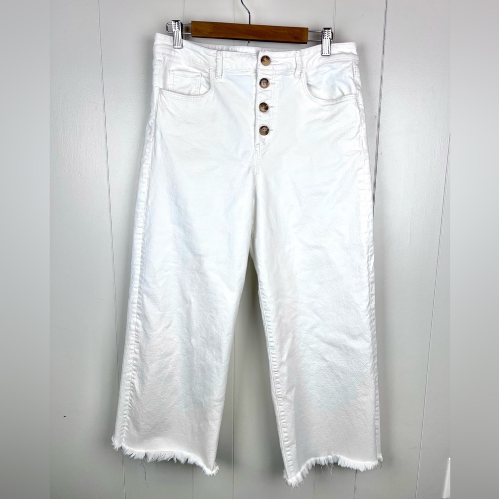LOFT White High Waist Wide Leg Raw Hem Button Fly Crop size 12